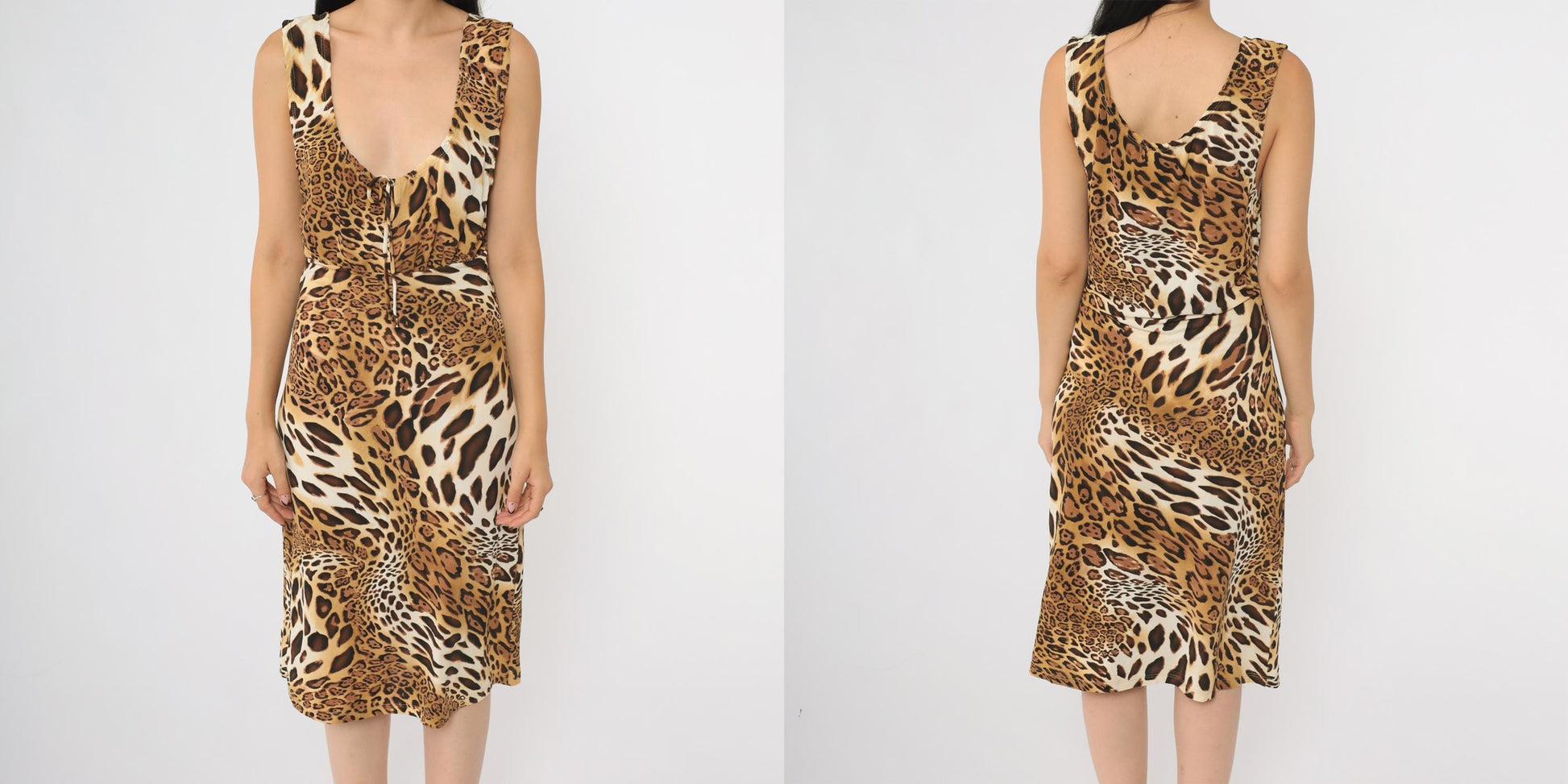 90s Rave Leopard Print Midi Dress Sleeveless Deep V Tie Front Brown Medium M