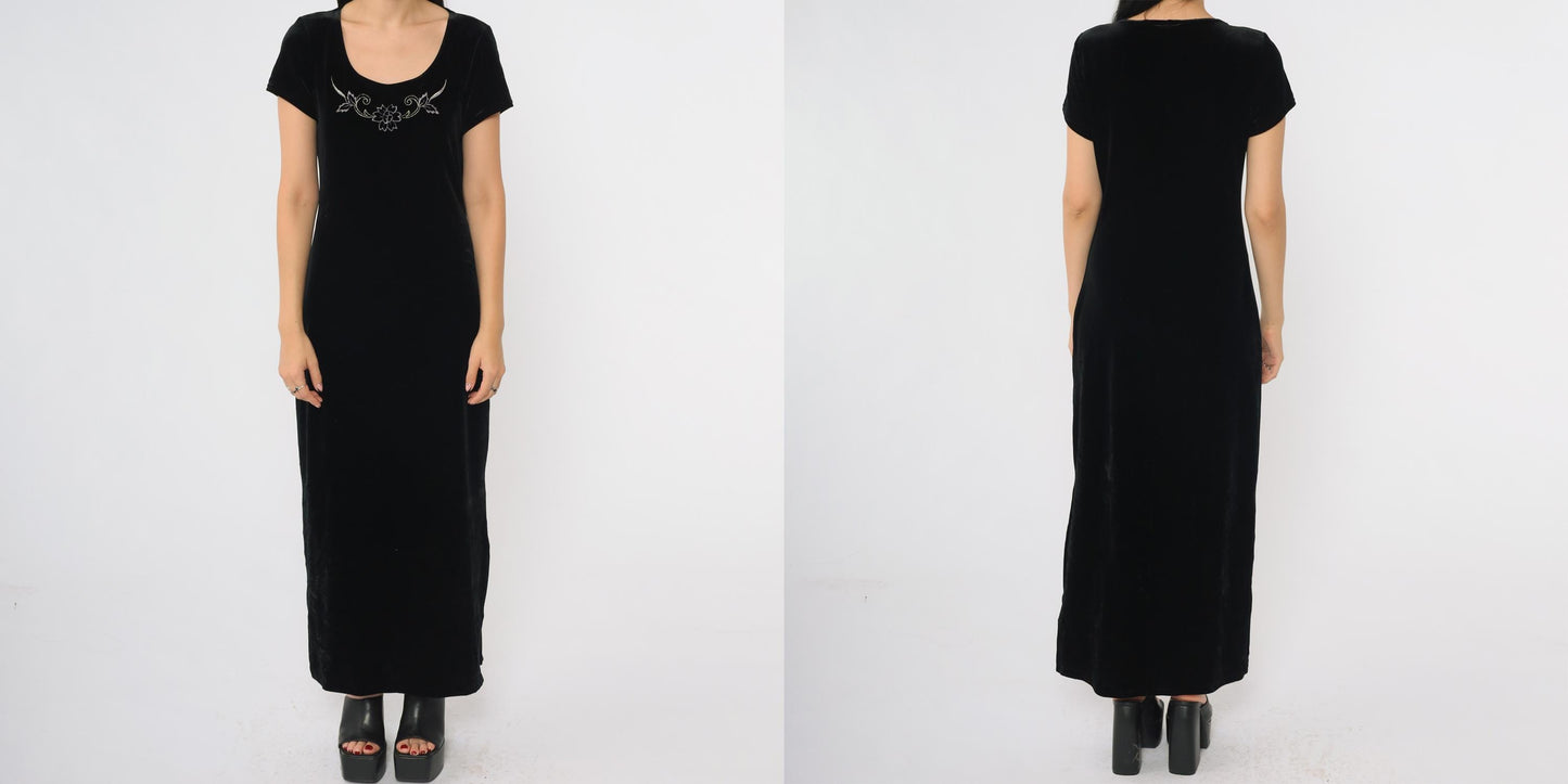 90s Danielle Casey Black Velvet Maxi Dress Embroidered Floral Scoop Neck Small 6