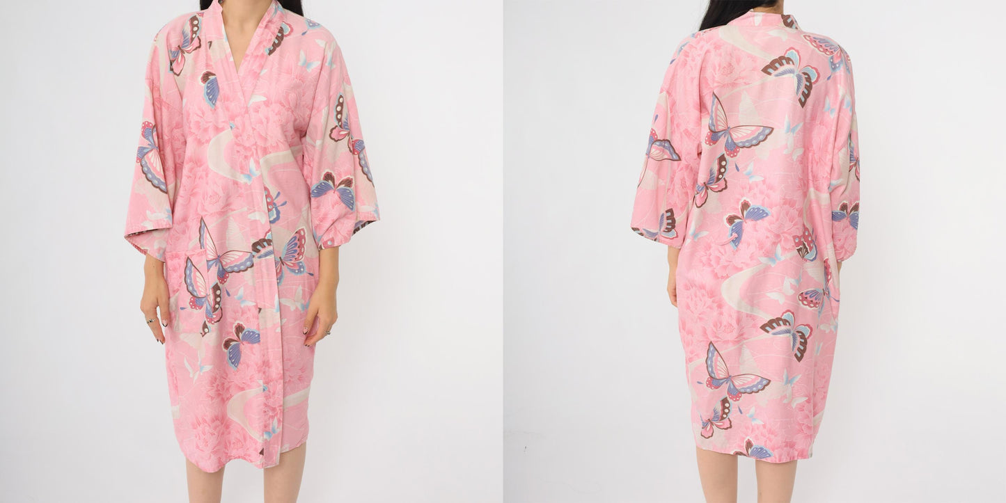 80s Pink Butterfly Peony Floral Cotton Kimono Robe Wrap Belt Tie Small