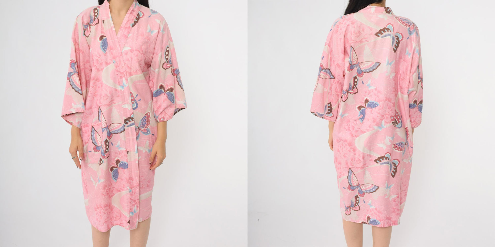 80s Pink Butterfly Peony Floral Cotton Kimono Robe Wrap Belt Tie Small