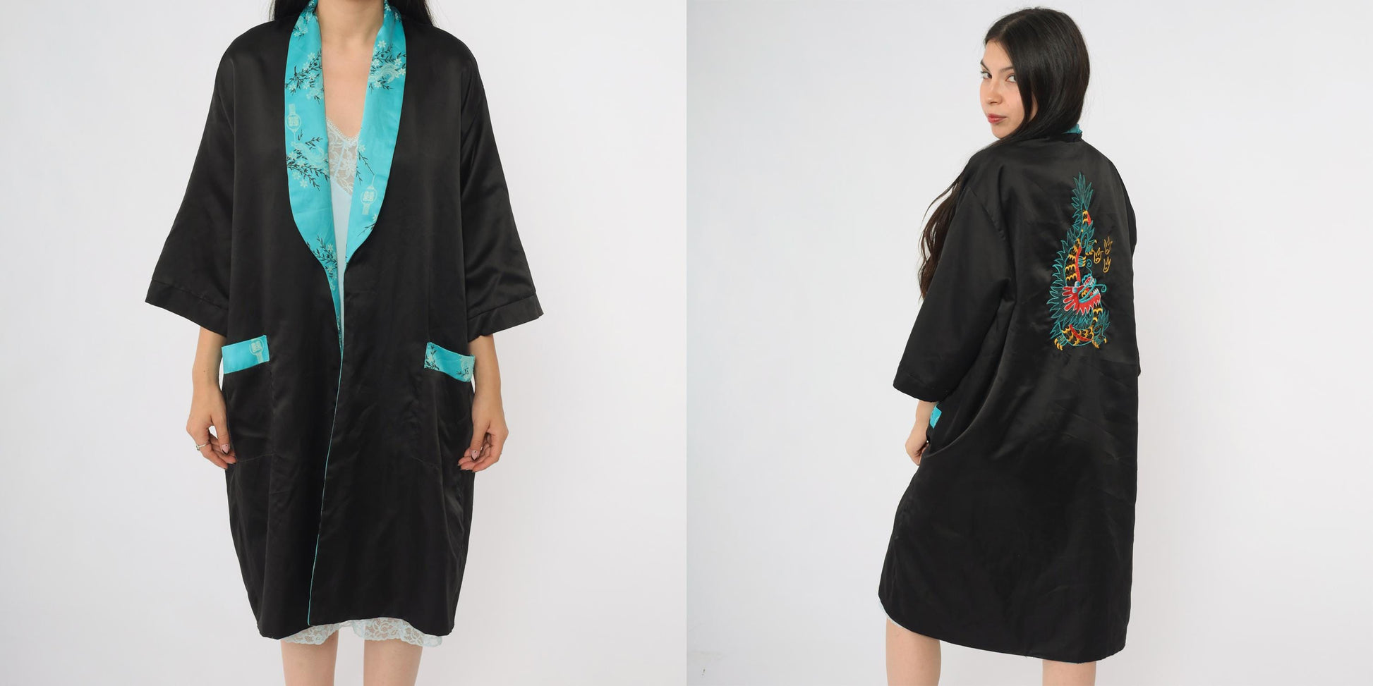 90s Dragon Reversible Satin Kimono Robe Black Turquoise Embroidered Small