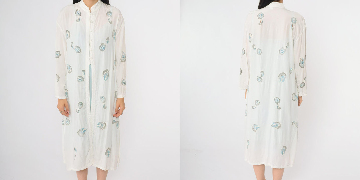 90s White Peacock Feather Kimono Cotton Midi Open Front Band Collar Medium Large
