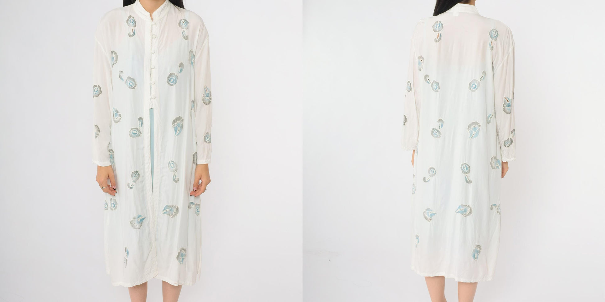 90s White Peacock Feather Kimono Cotton Midi Open Front Band Collar Medium Large