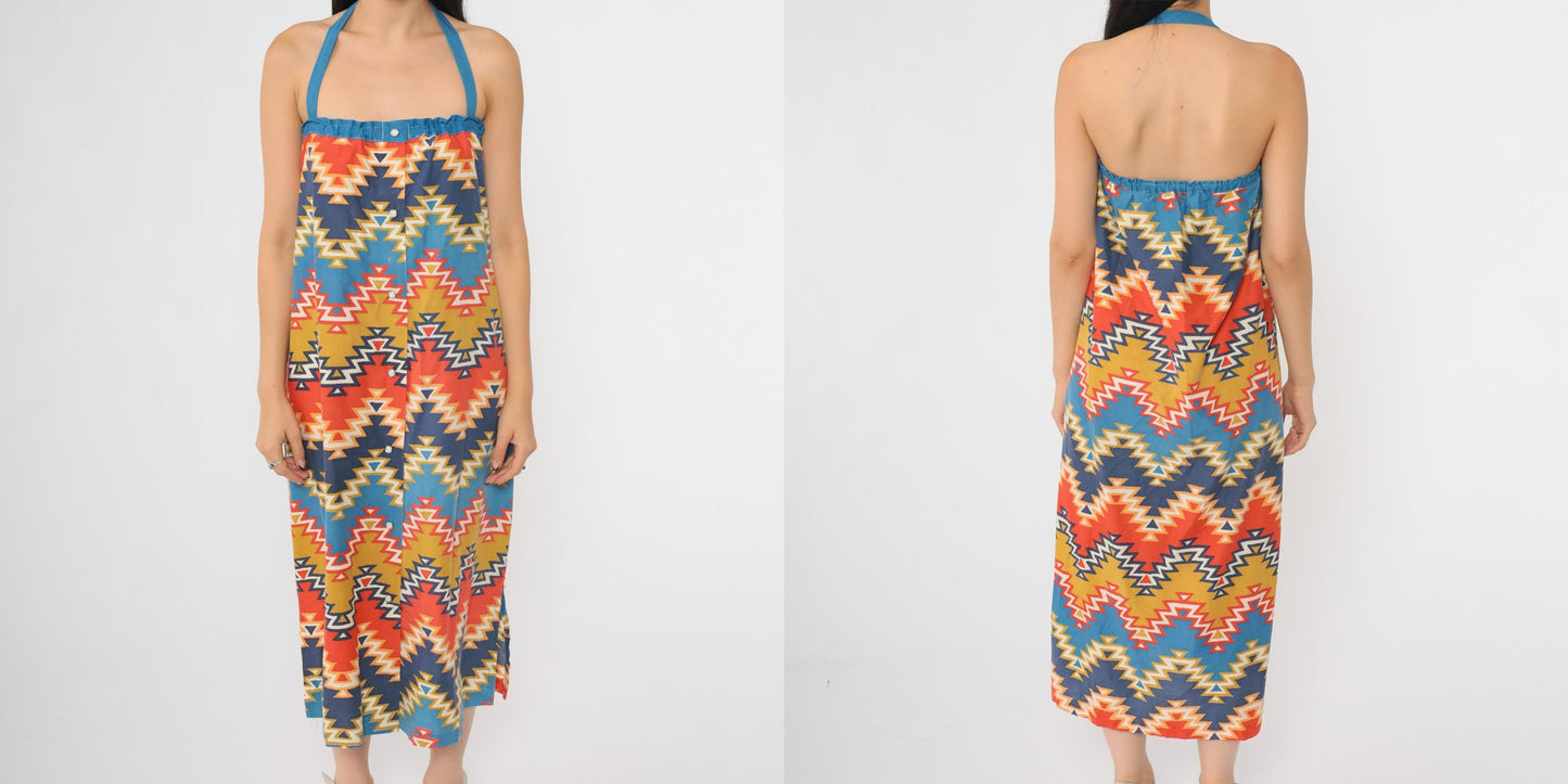 70s Geometric Southwest Halter Midi Dress Cotton Diamond Zigzag Small S