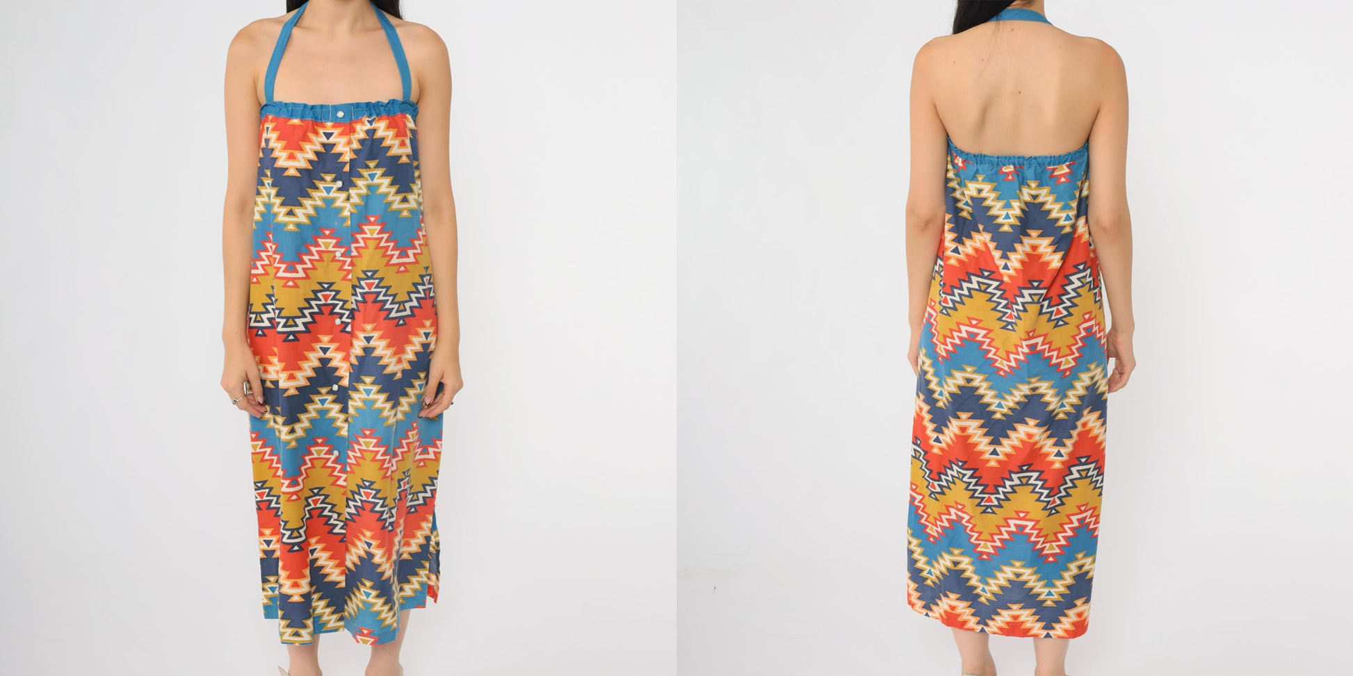 70s Geometric Southwest Halter Midi Dress Cotton Diamond Zigzag Small S