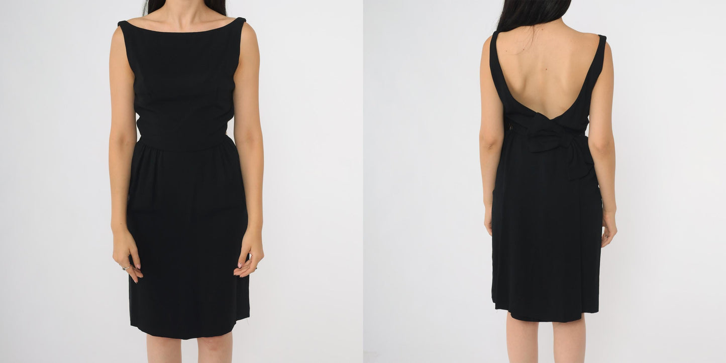 60s Black Mini Dress Open Back Boat Neck Sleeveless Sheath XSmall