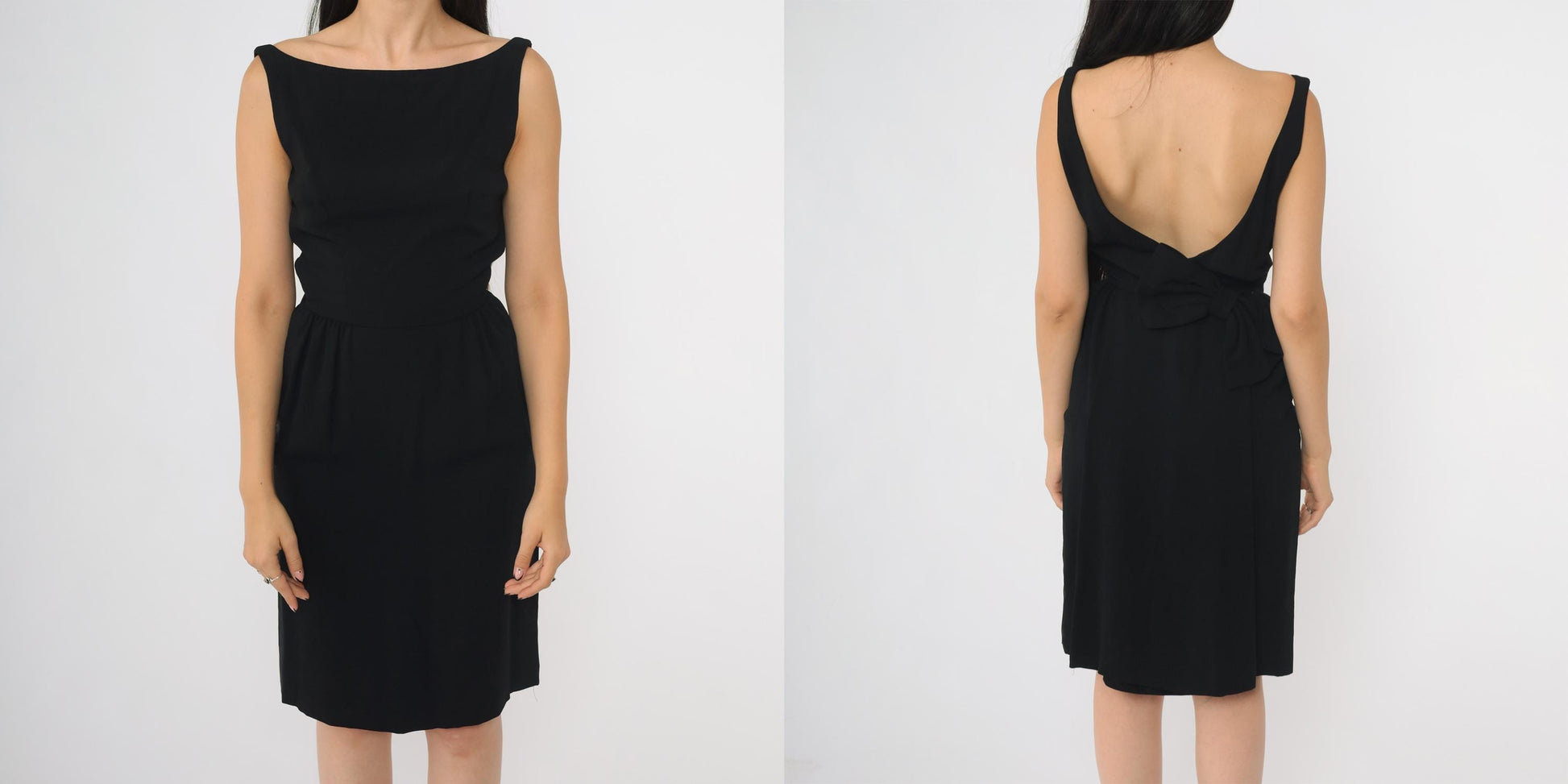 60s Black Mini Dress Open Back Boat Neck Sleeveless Sheath XSmall