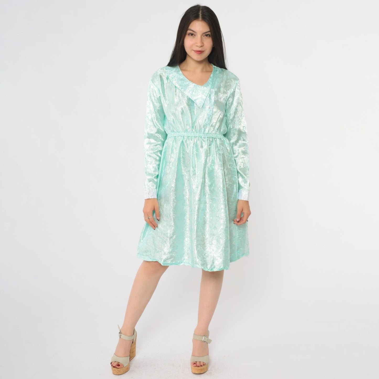 80s Mint Green Satin V-Neck Dress Long Sleeve Bow Detail Small