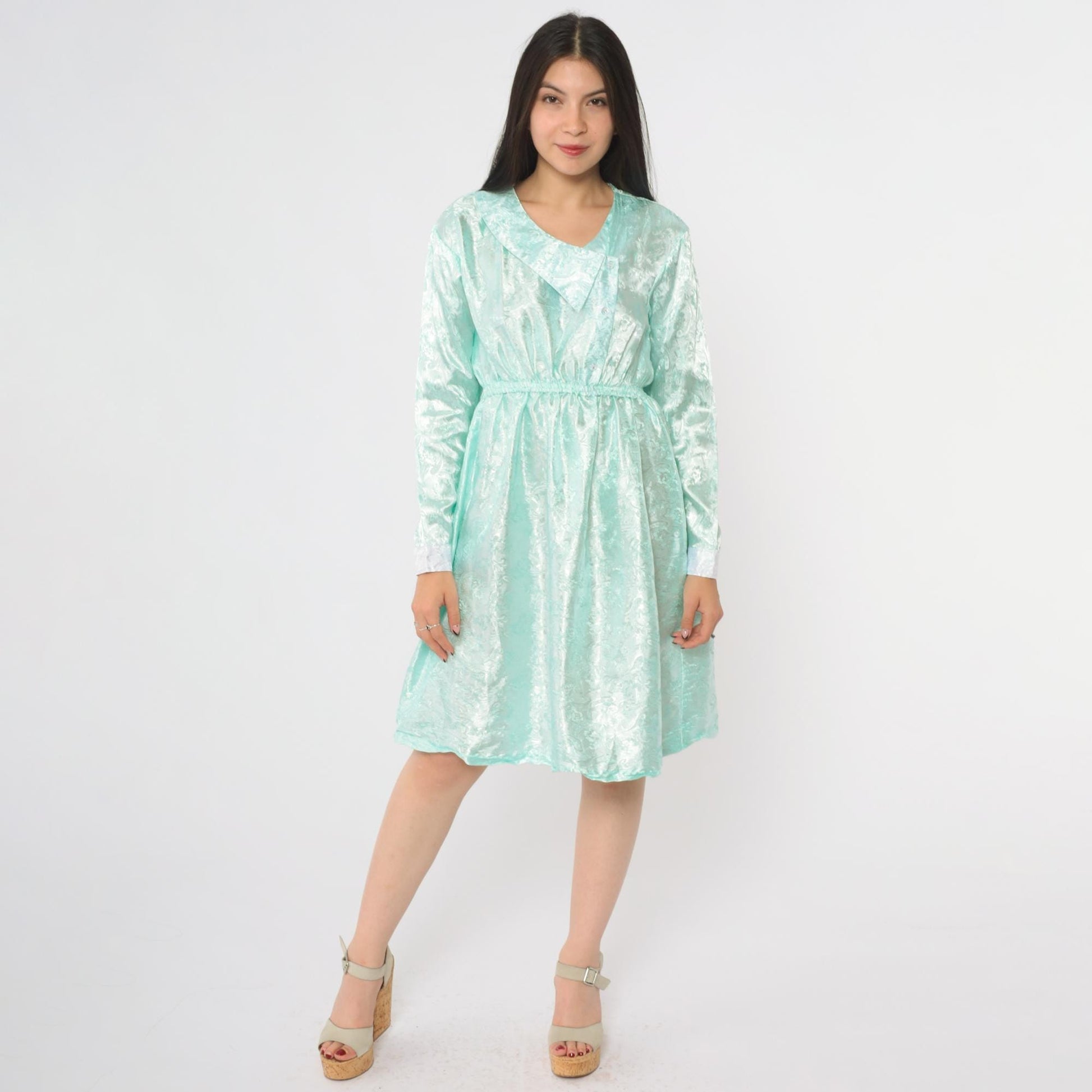 80s Mint Green Satin V-Neck Dress Long Sleeve Bow Detail Small