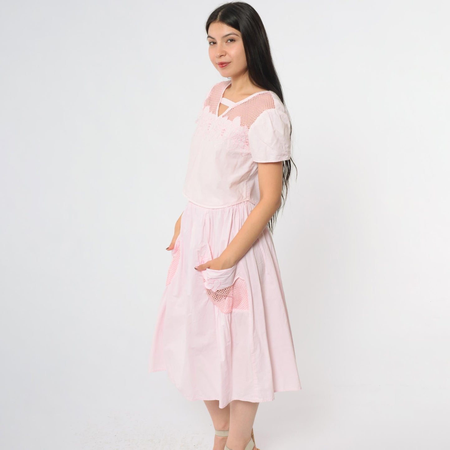 90s Stoplight Pink Cotton Two Piece Set Crop Top Midi Skirt Small