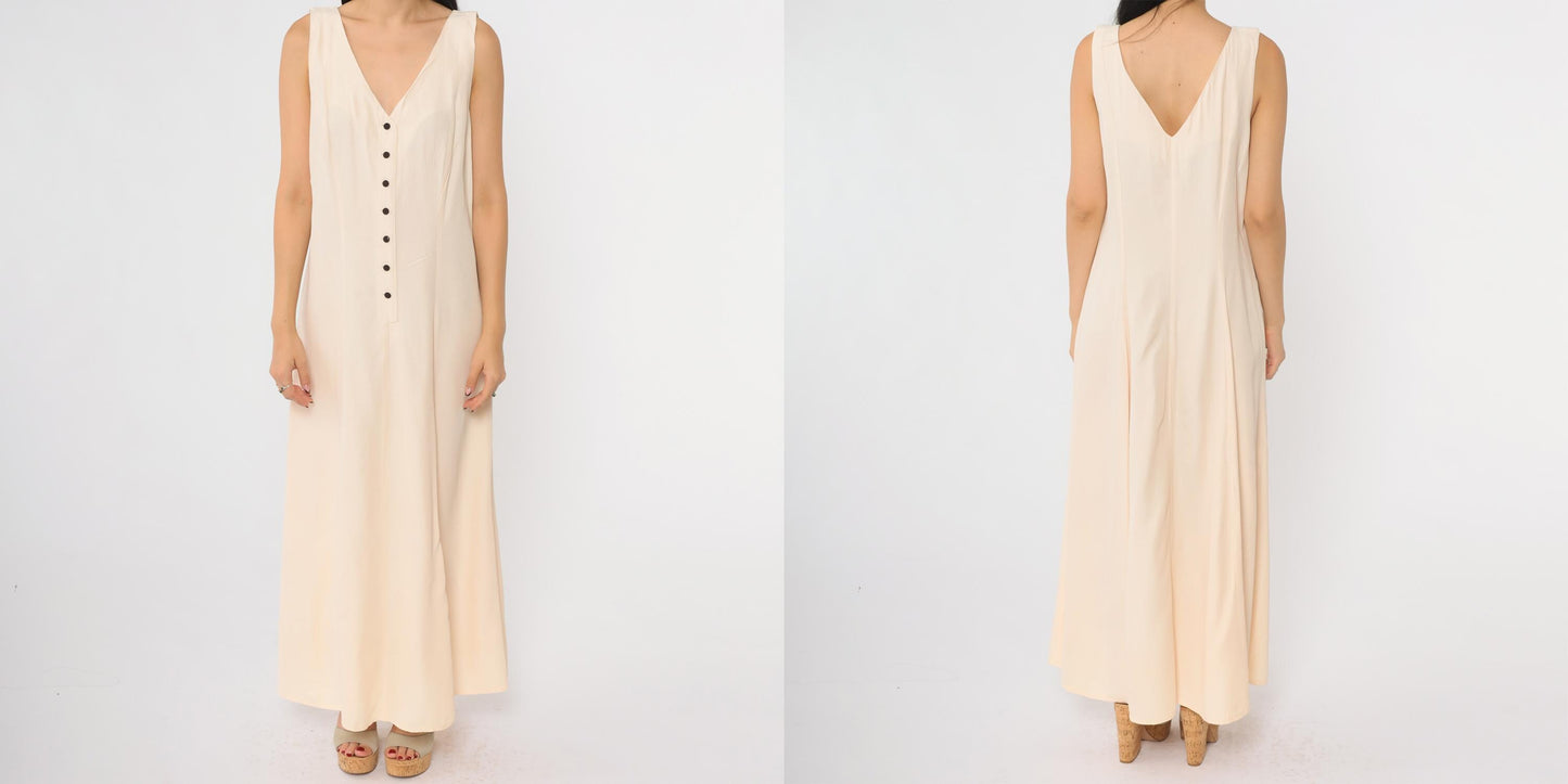 90s Cream Maxi Dress Button Front Deep V Neck Sleeveless Large L