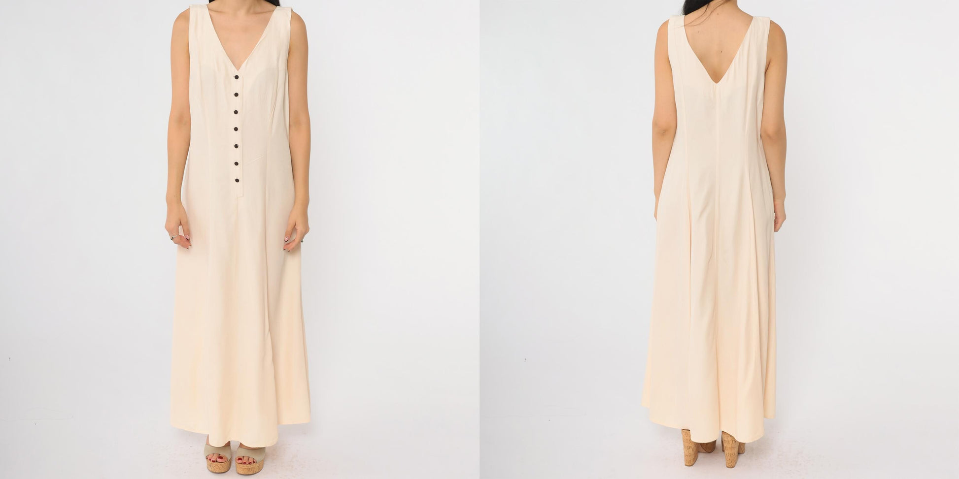 90s Cream Maxi Dress Button Front Deep V Neck Sleeveless Large L