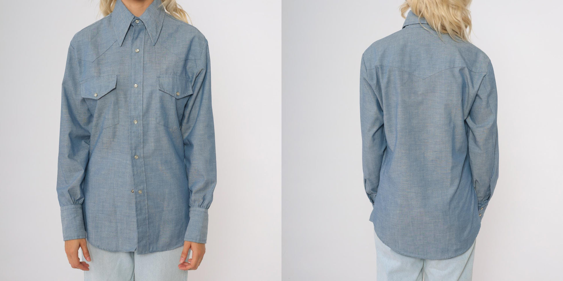70s Continental Casuals Western Chambray Shirt Blue Pearl Snap Small