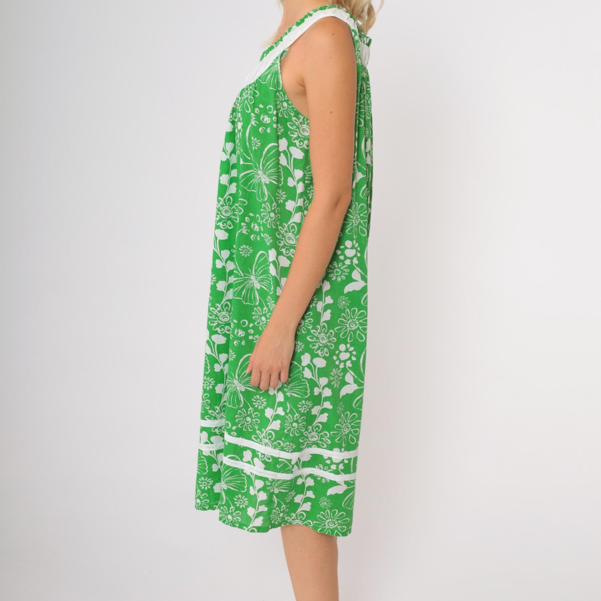 90s Anthony Richards Green Floral Midi Dress Butterfly Ruffle Trim Medium