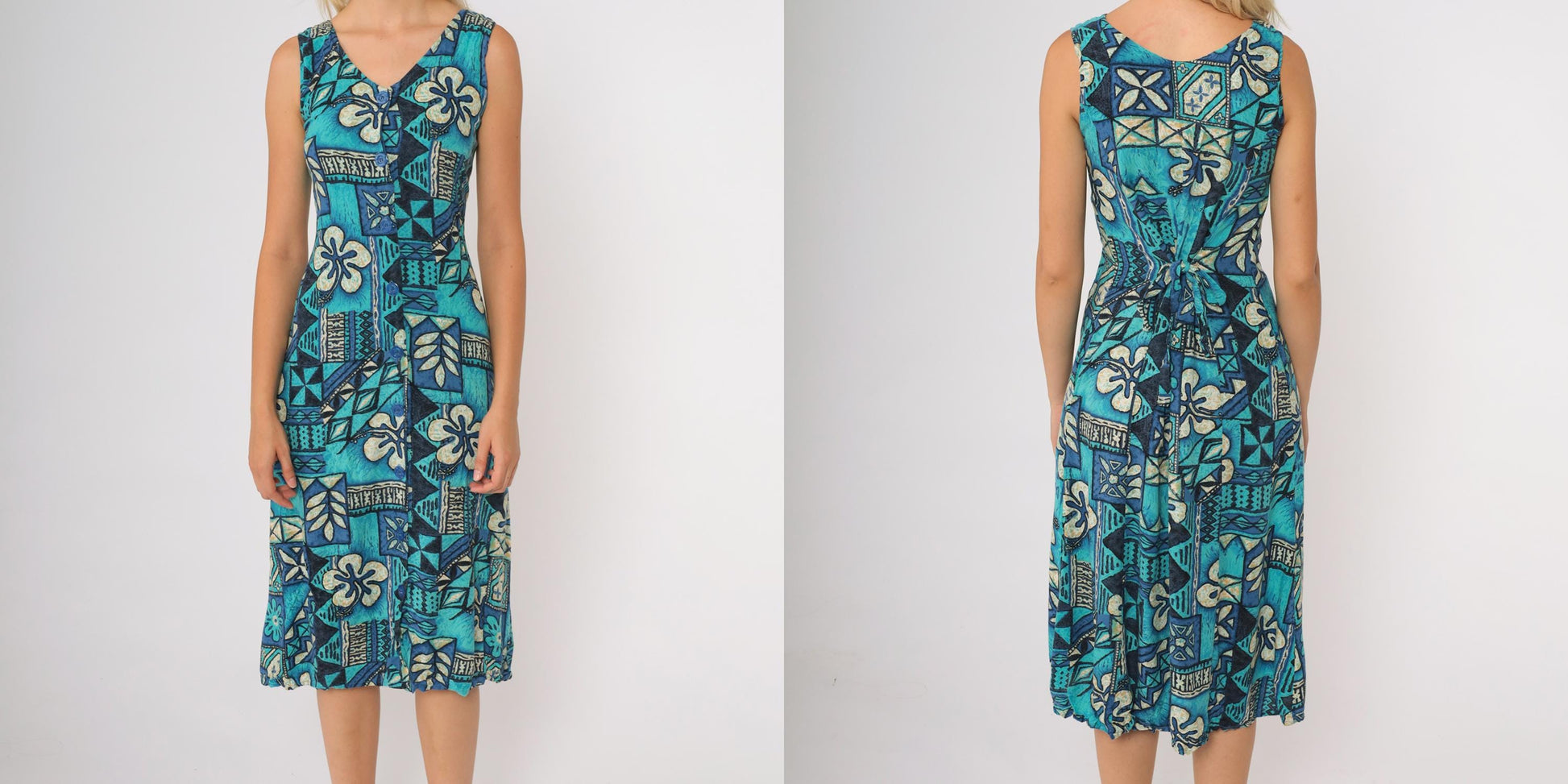 90s Blue Tropical Floral Midi Dress Sleeveless V Neck Hawaiian Print XS