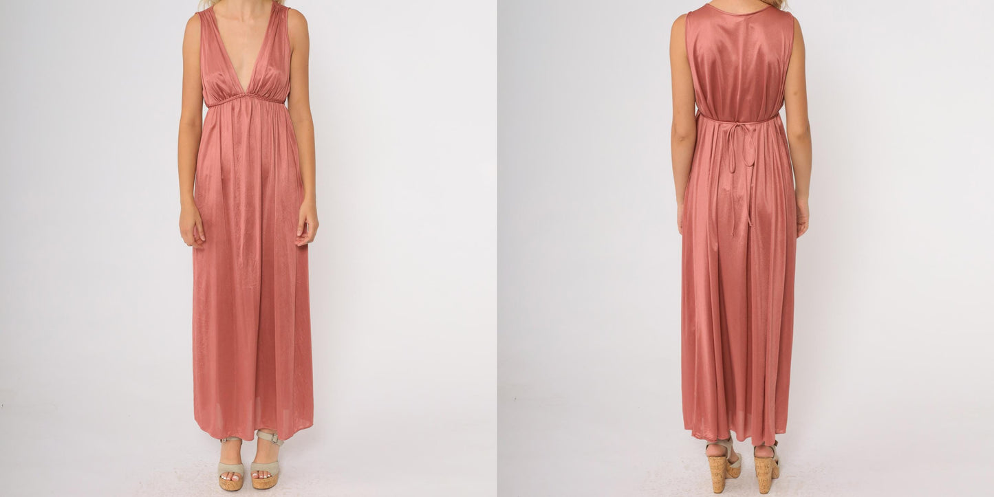 70s Val Mode Dusty Rose Nylon Maxi Nightgown Empire Waist V-Neck Medium M