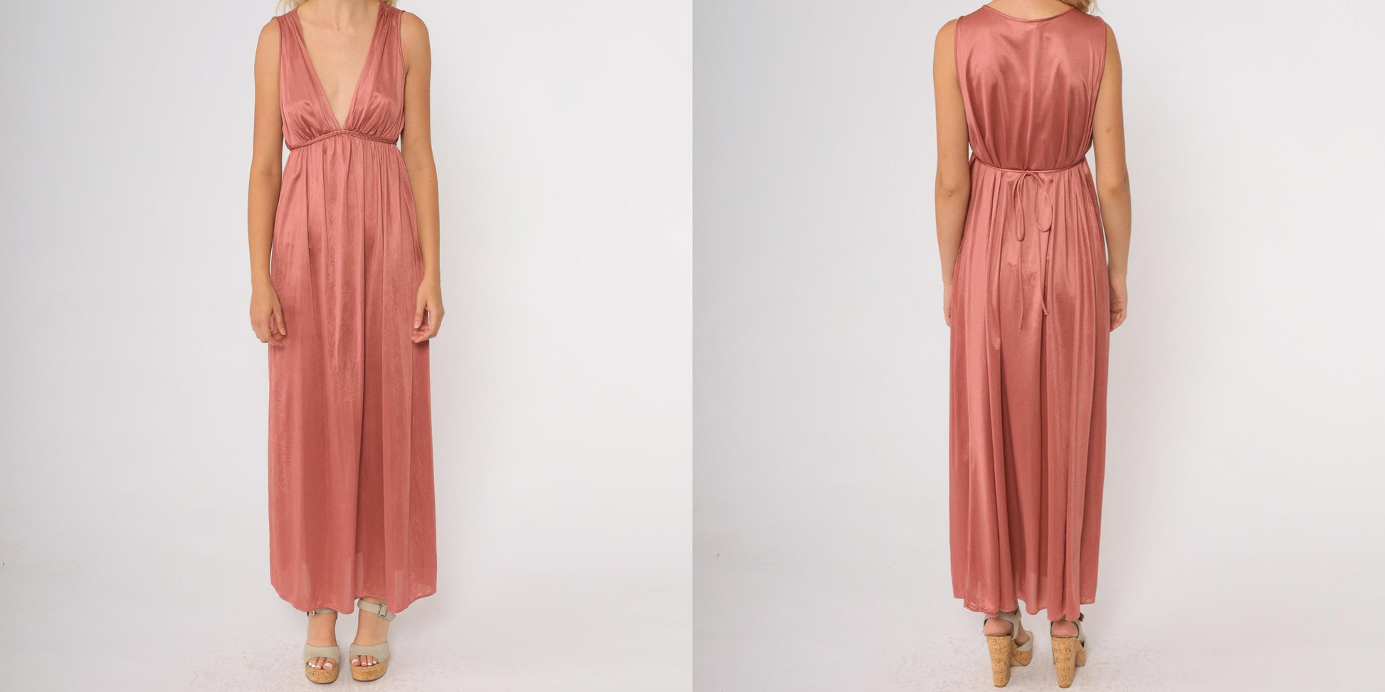 70s Val Mode Dusty Rose Nylon Maxi Nightgown Empire Waist V-Neck Medium M