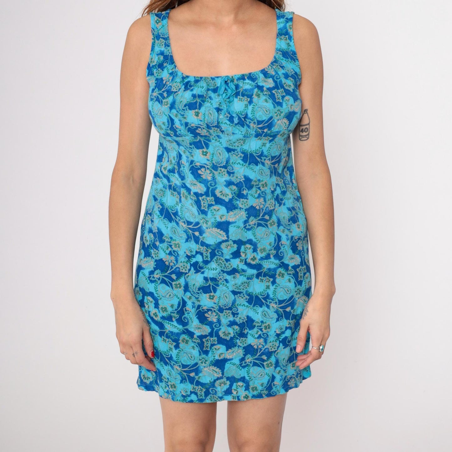 90s Tickets Clothing Mini Dress Tank Square Neck Blue Paisley Medium