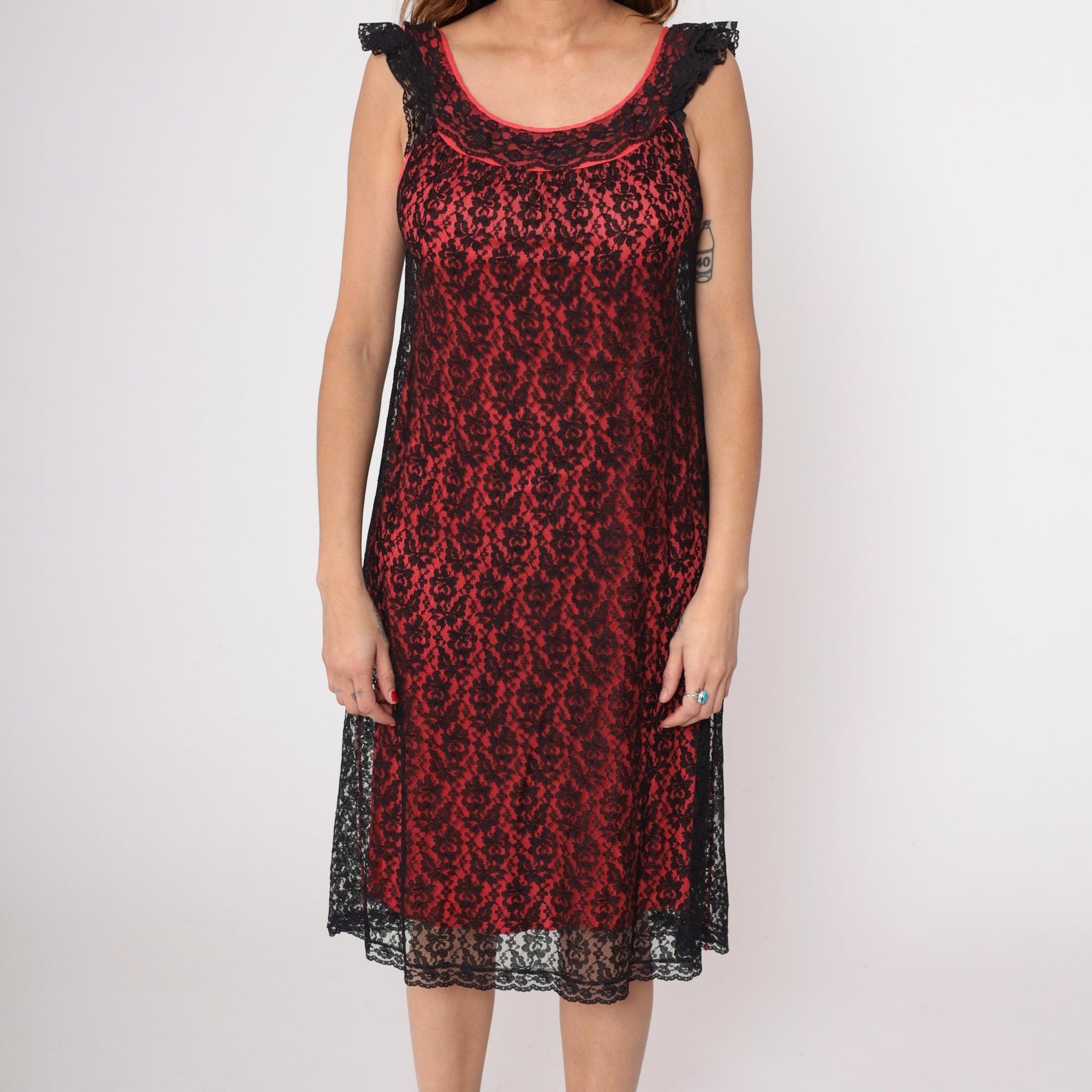 80s Red Black Lace Slip Dress Midi Sleeveless Scoop Neckline Medium M