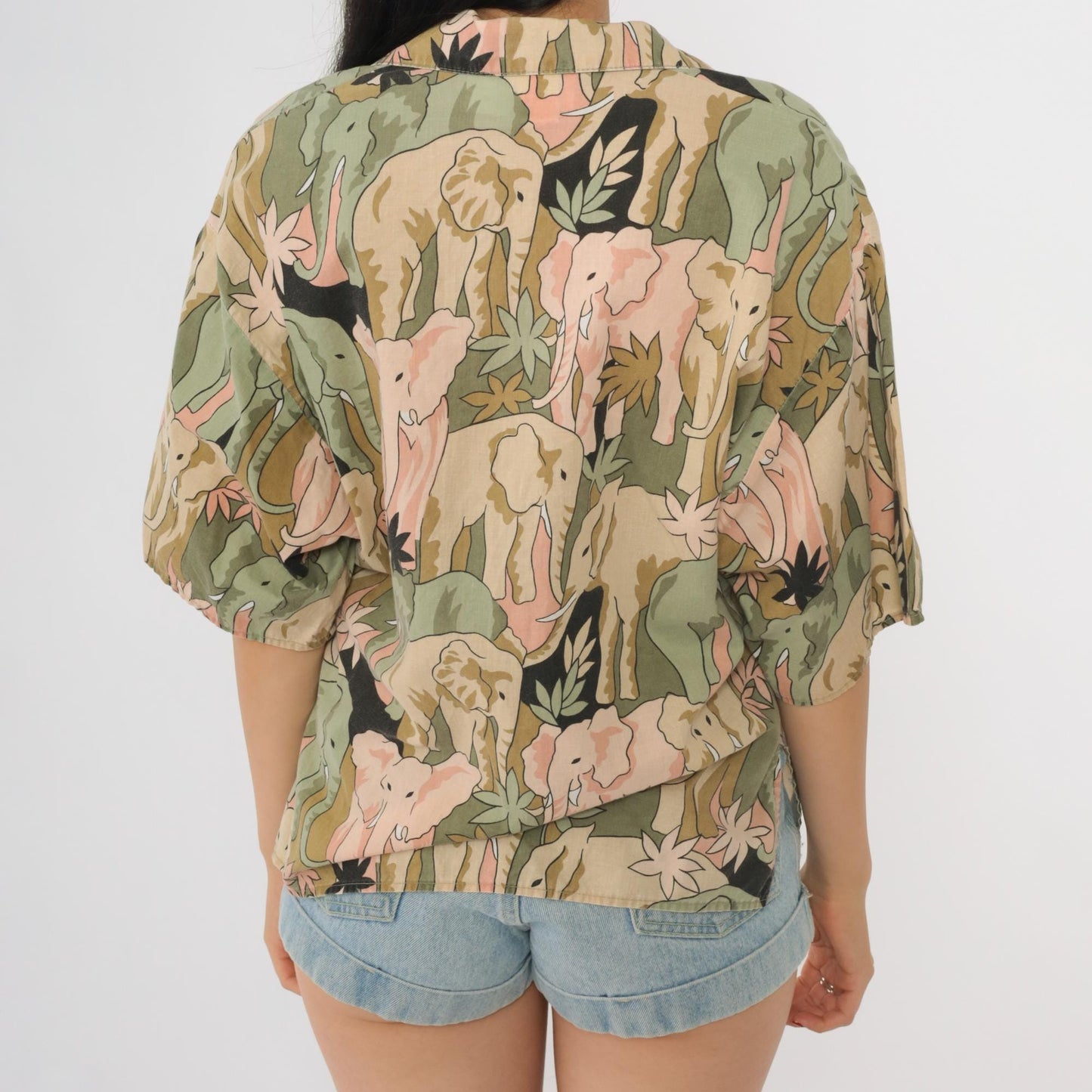 90s Soho Elephant Print Shirt Cotton Button Front Small