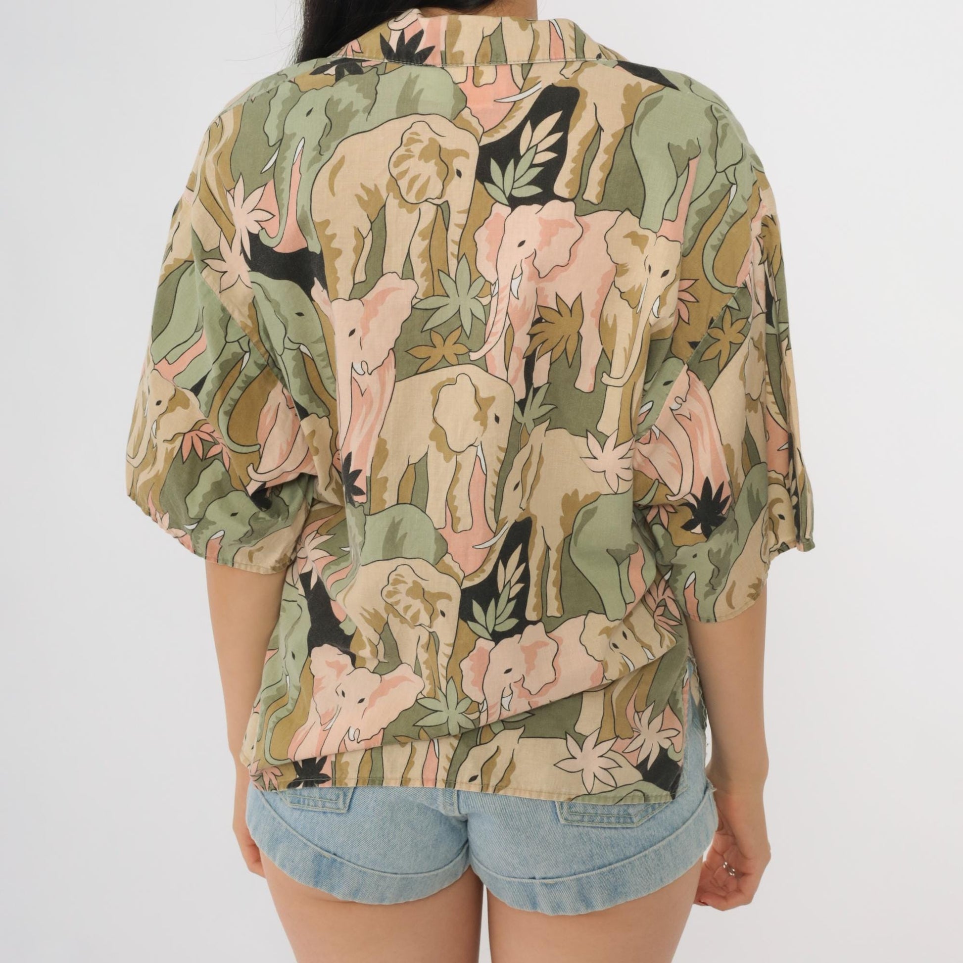 90s Soho Elephant Print Shirt Cotton Button Front Small