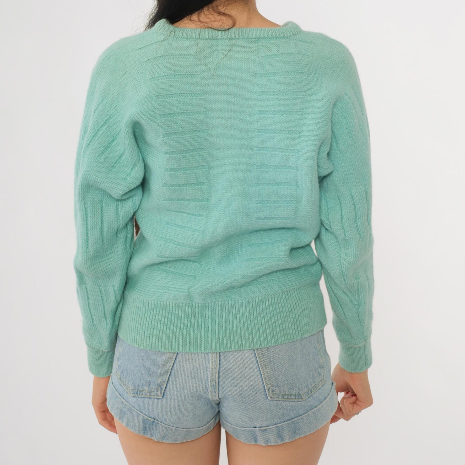 80s Kaelin Mint Green Wool Crew Neck Pullover Textured Knit Small S