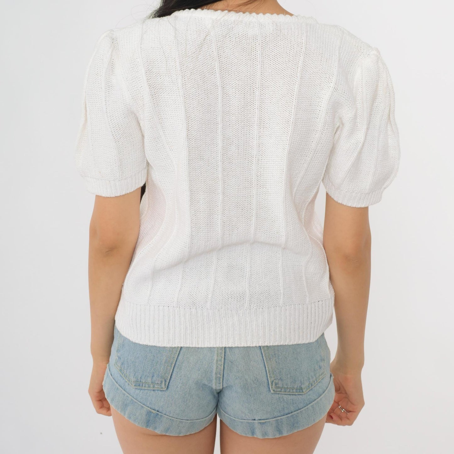 80s Astorone White Cardigan Short Sleeve Embroidered Floral V-Neck Medium M
