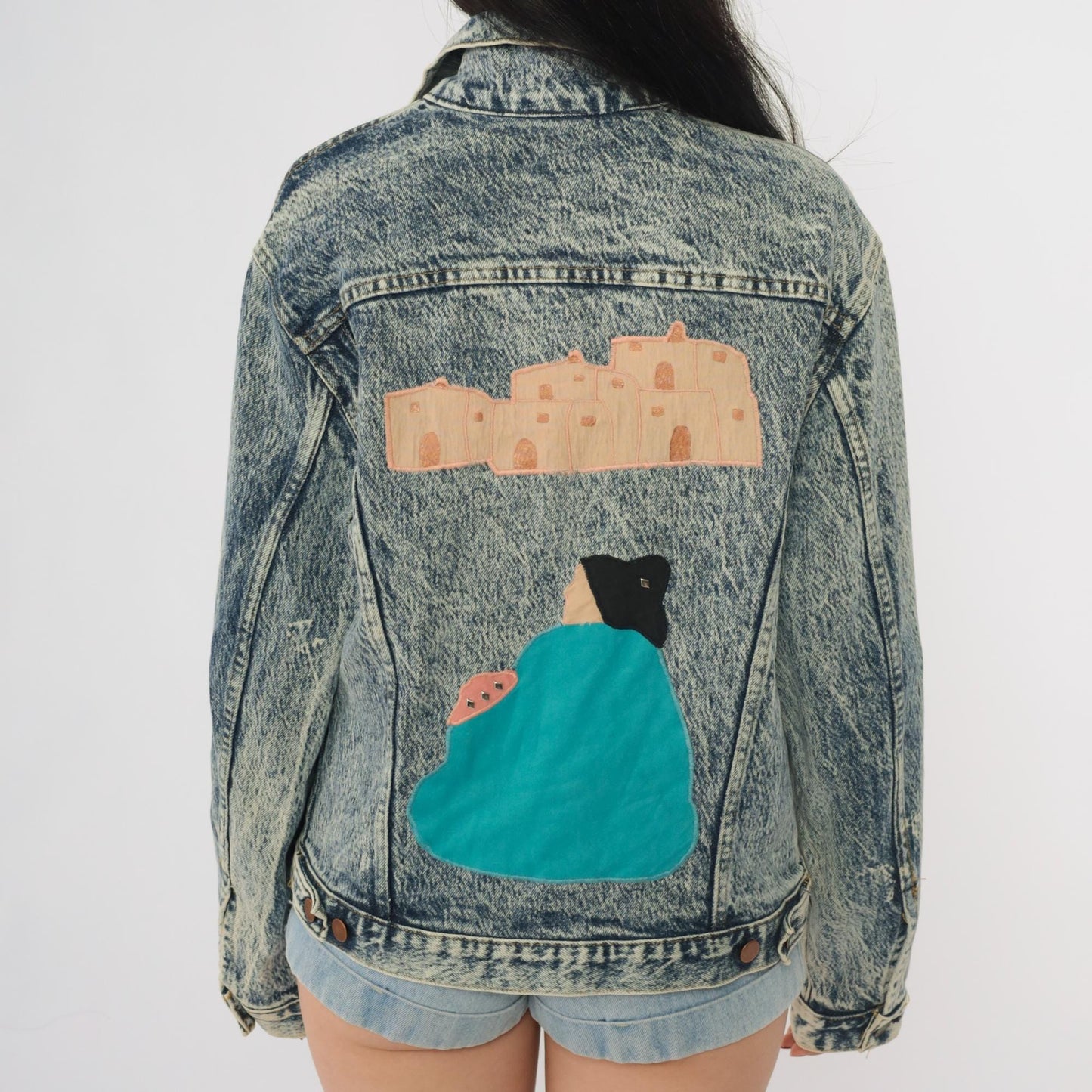 90s Bristol Blues Acid Wash Denim Jacket Painted Southwest Adobe Pueblo Small
