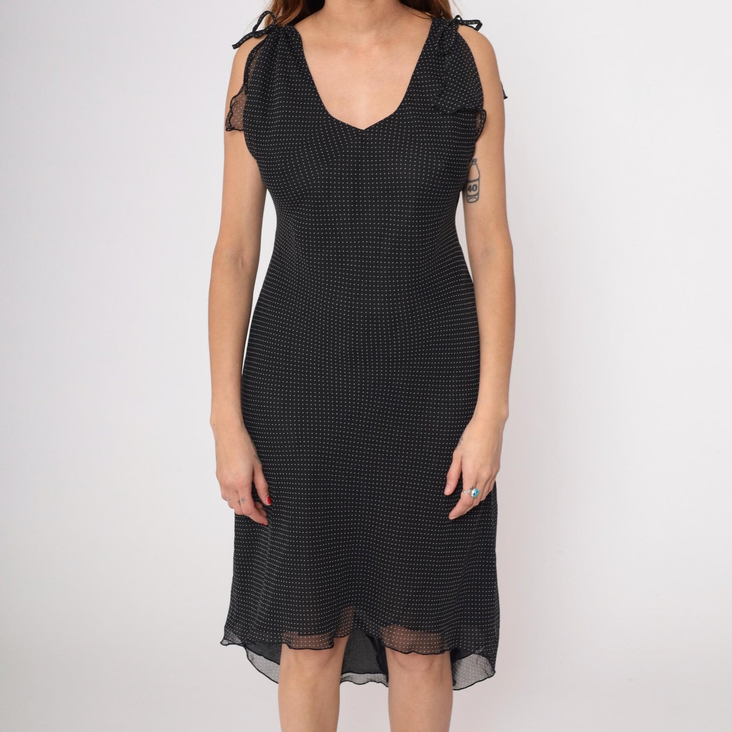 90s Black Swiss Dot Midi Dress Sleeveless V-Neck Tie Shoulder Chiffon Medium