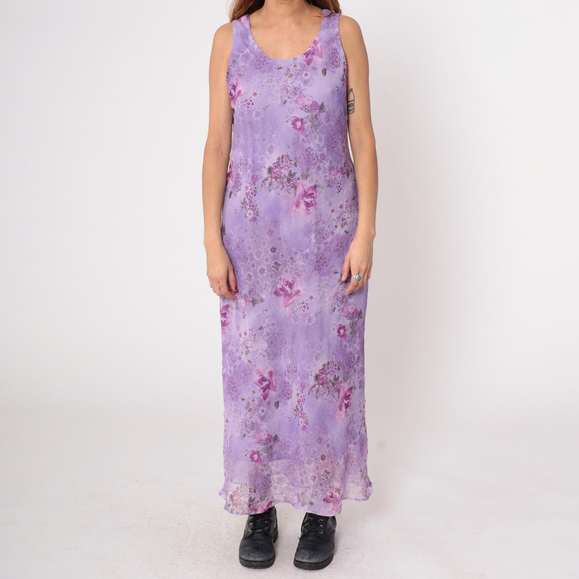 90s K Studio Lavender Floral Maxi Dress Sleeveless V-Neck Chiffon Large