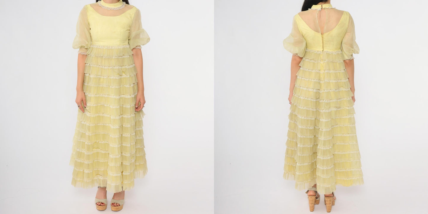 60s Yellow Maxi Dress Tiered Puff Sleeve Lace Trim Extra Small XS