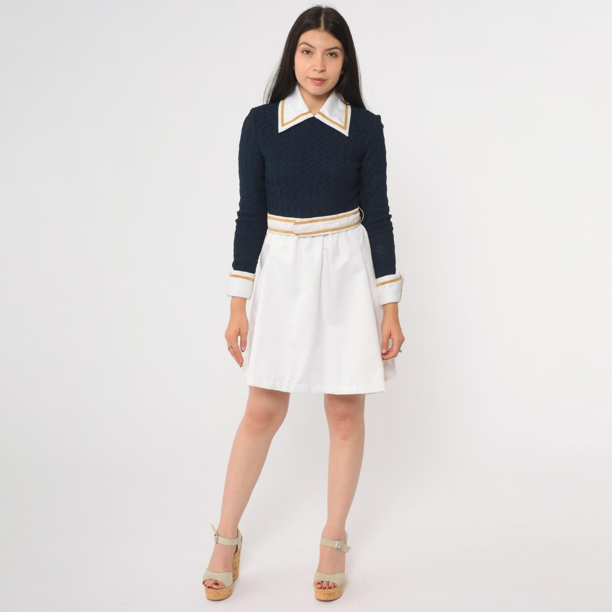 70s Navy Mini Dress Peter Pan Collar Gold Trim A-Line Long Sleeve Extra Small