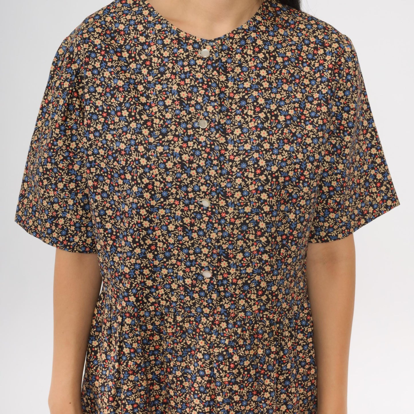 60s Navy Floral Mini Dress A-Line Button Front Short Sleeve Large
