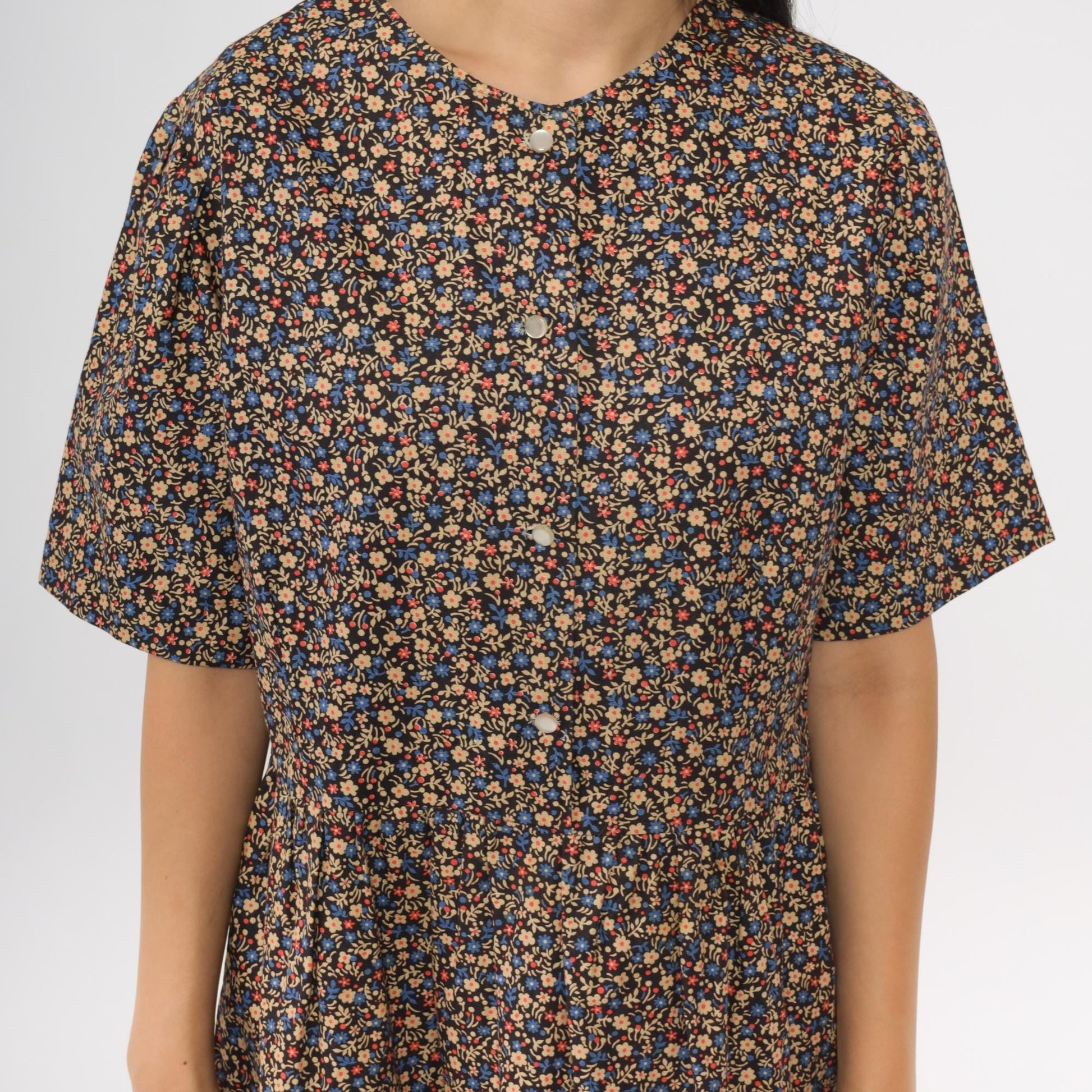 60s Navy Floral Mini Dress A-Line Button Front Short Sleeve Large