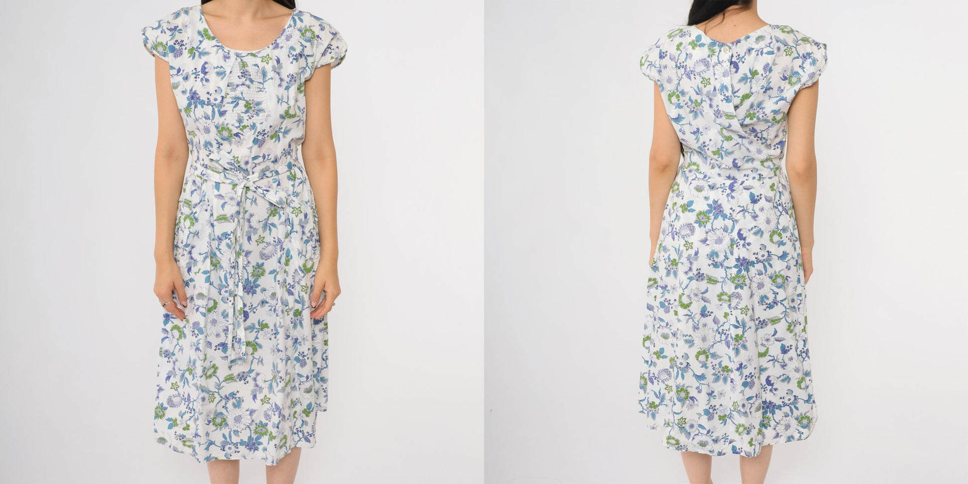 60s Swirl Floral Wrap Dress Blue White Cap Sleeve Midi Tie Waist Medium M