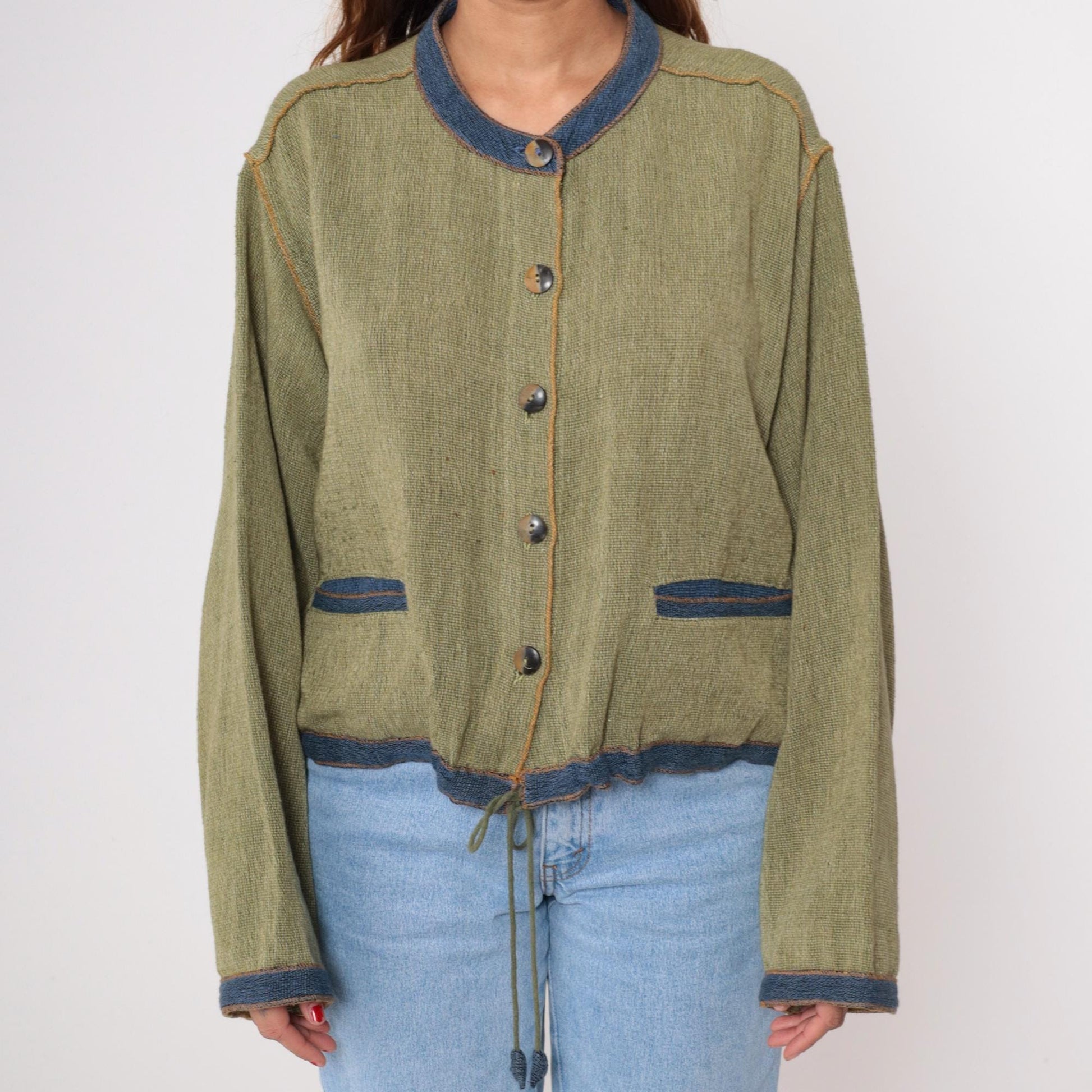Y2K Tribe Green Cotton Cardigan Blue Trim Drawstring Waist Extra Large XXL
