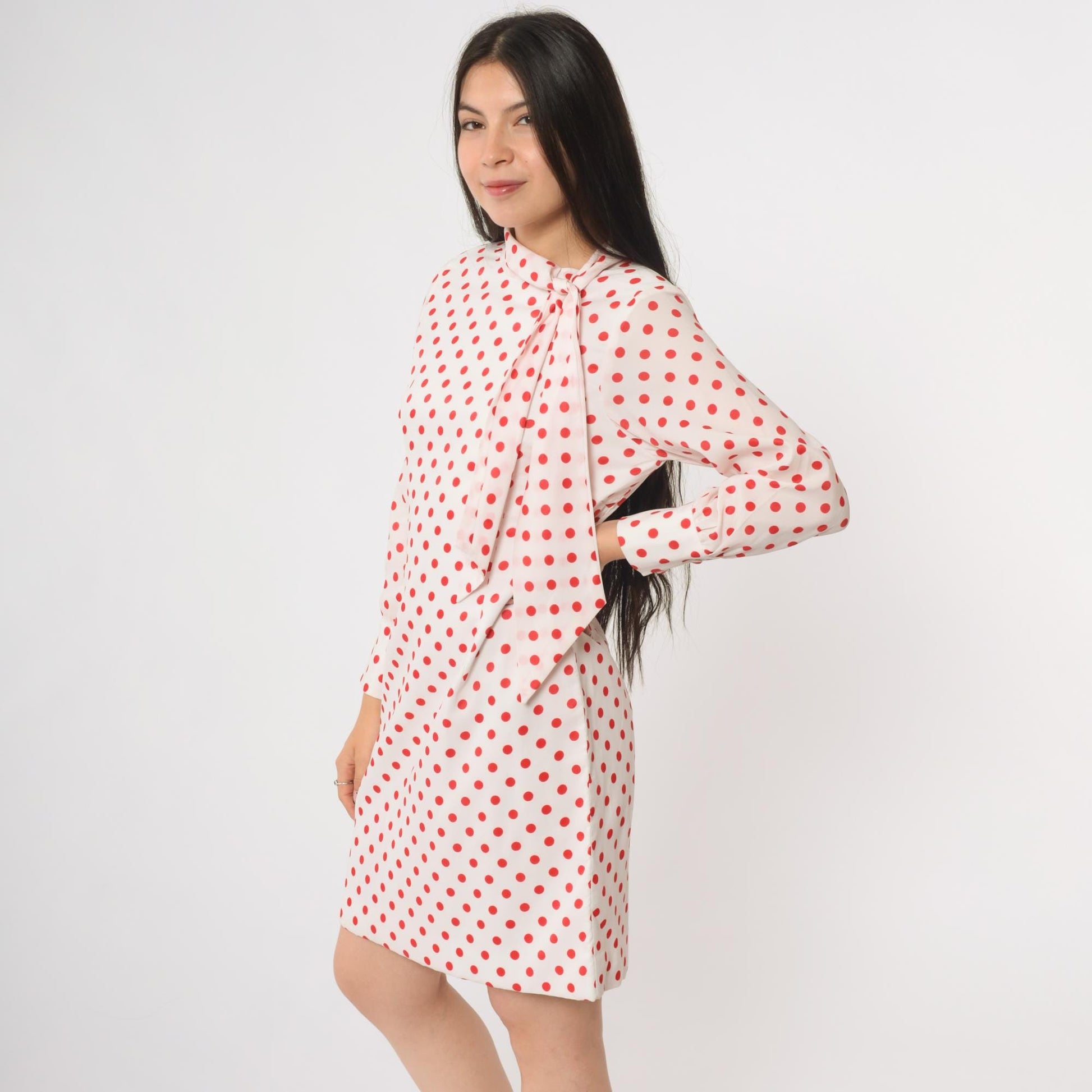 60s Mod Polka Dot Mini Dress Ascot Bow Tie Long Sleeve White Red Medium M