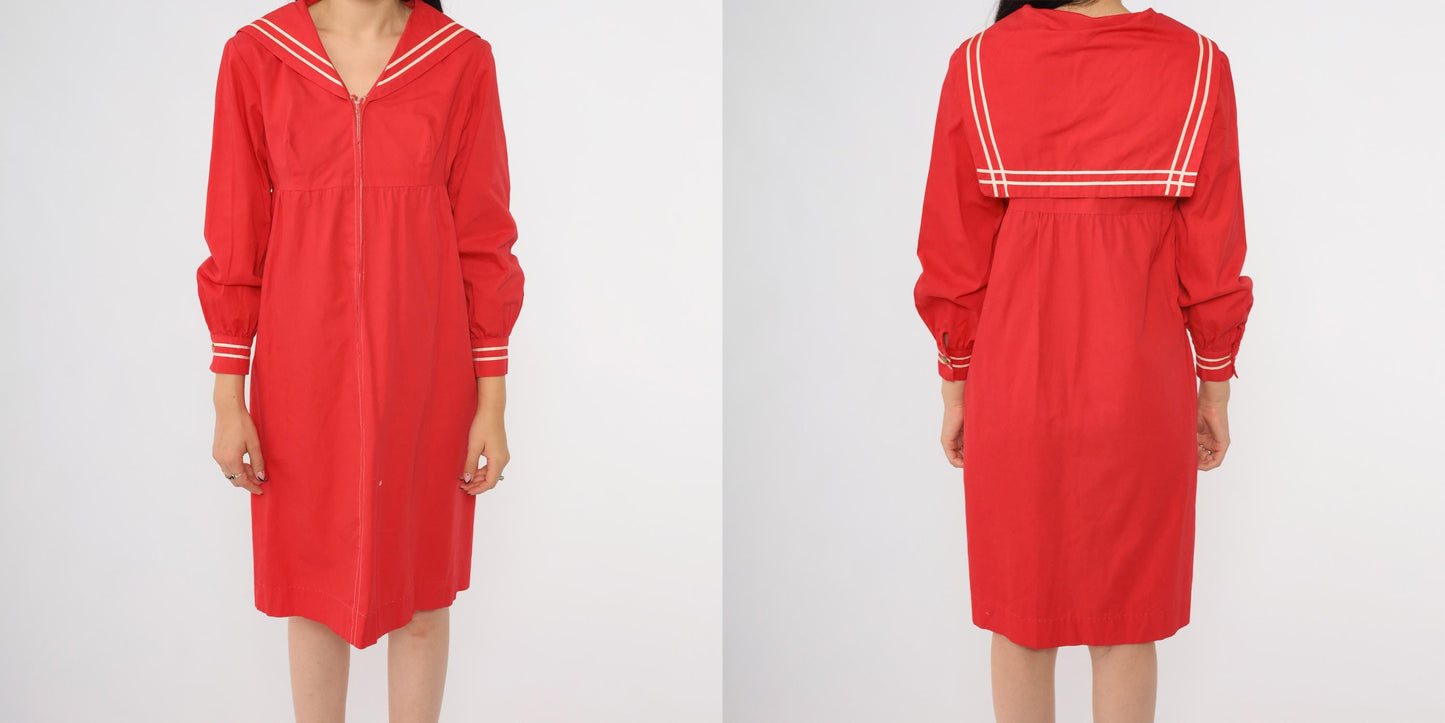 60s Mr. Aref California Red Sailor Dress White Stripe Midi A-Line Small