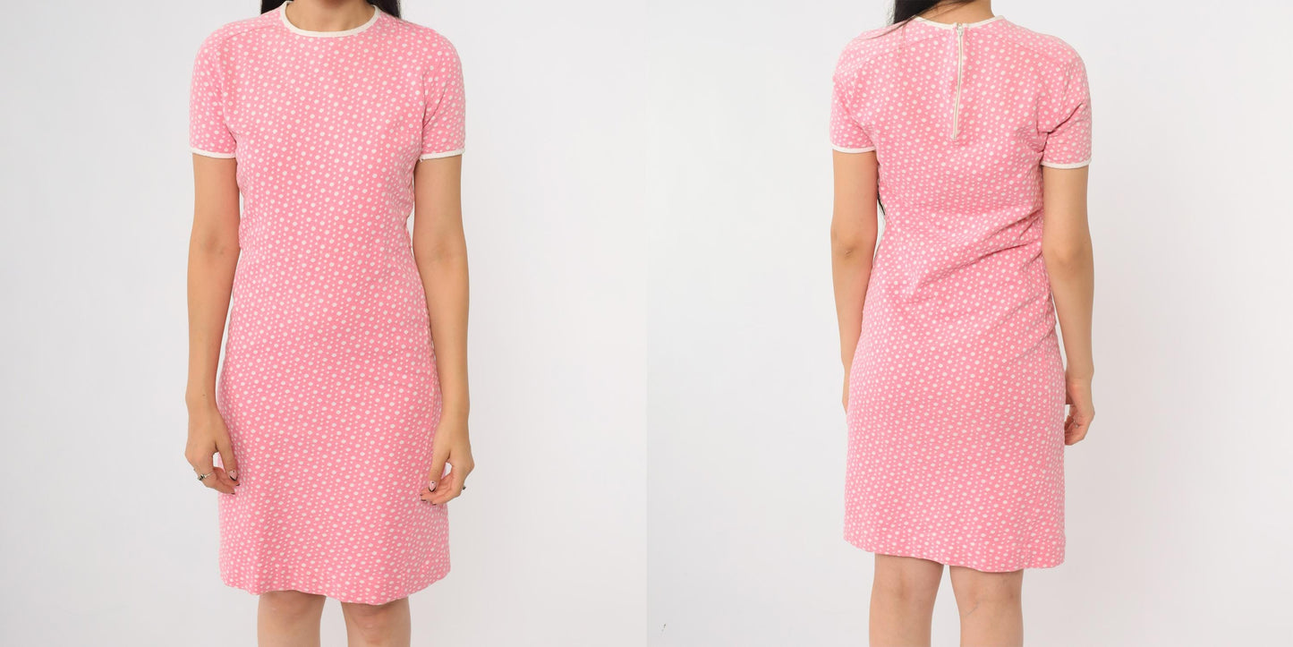 70s Catalina Sportswear Pink Polka Dot Mini Dress White Trim Large