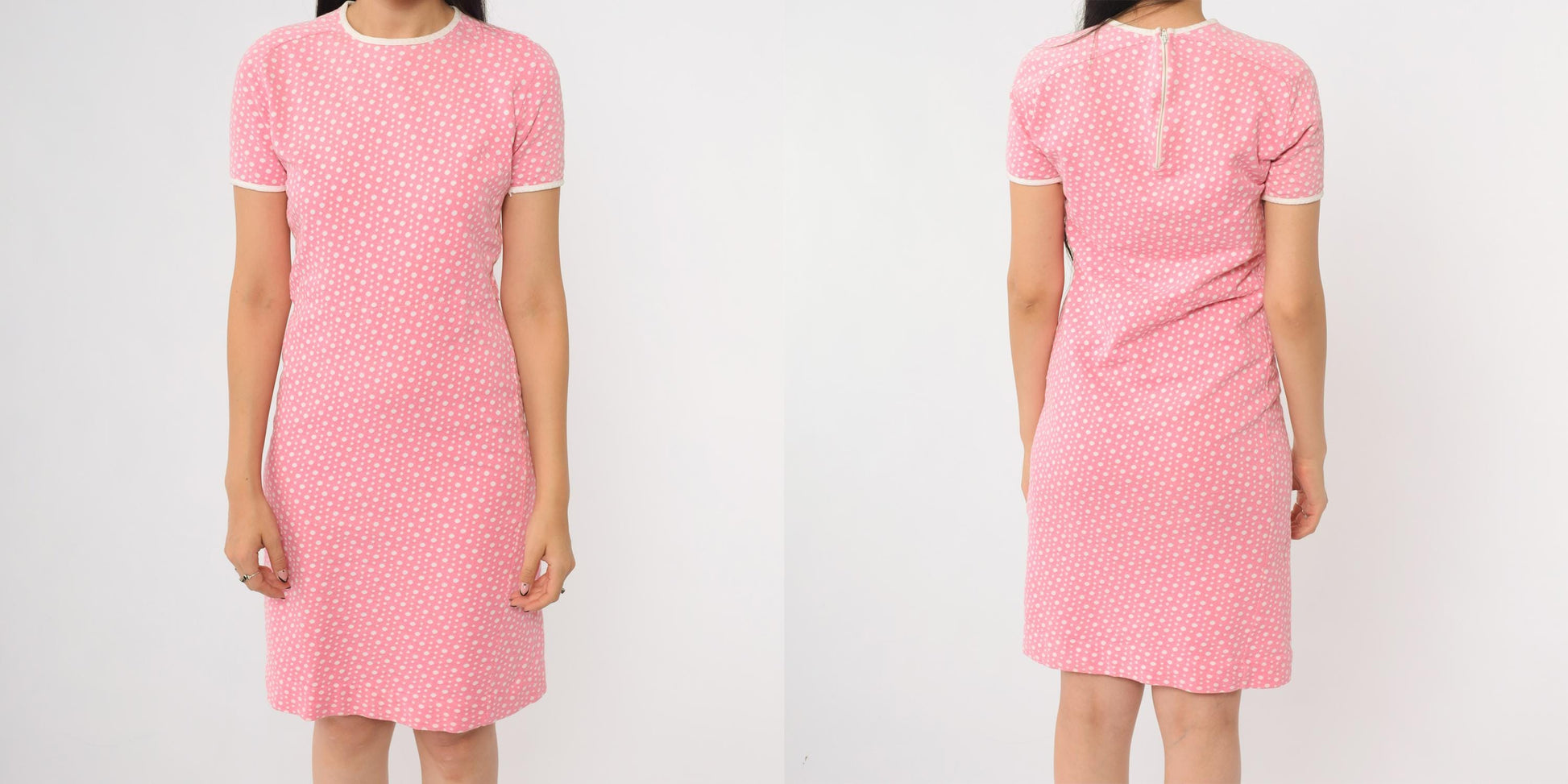 70s Catalina Sportswear Pink Polka Dot Mini Dress White Trim Large