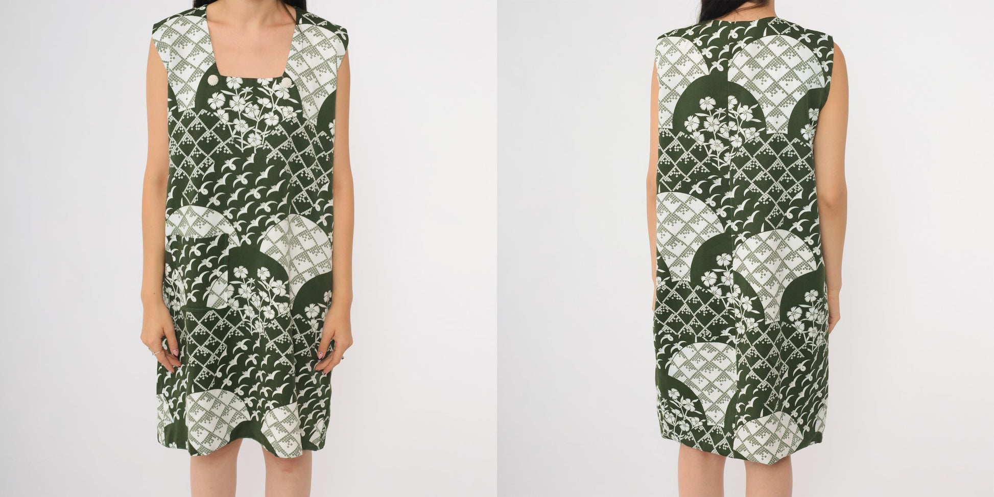 70s Green Hawaiian Shift Dress White Floral Geometric Print Square Neck Knee Length Medium M