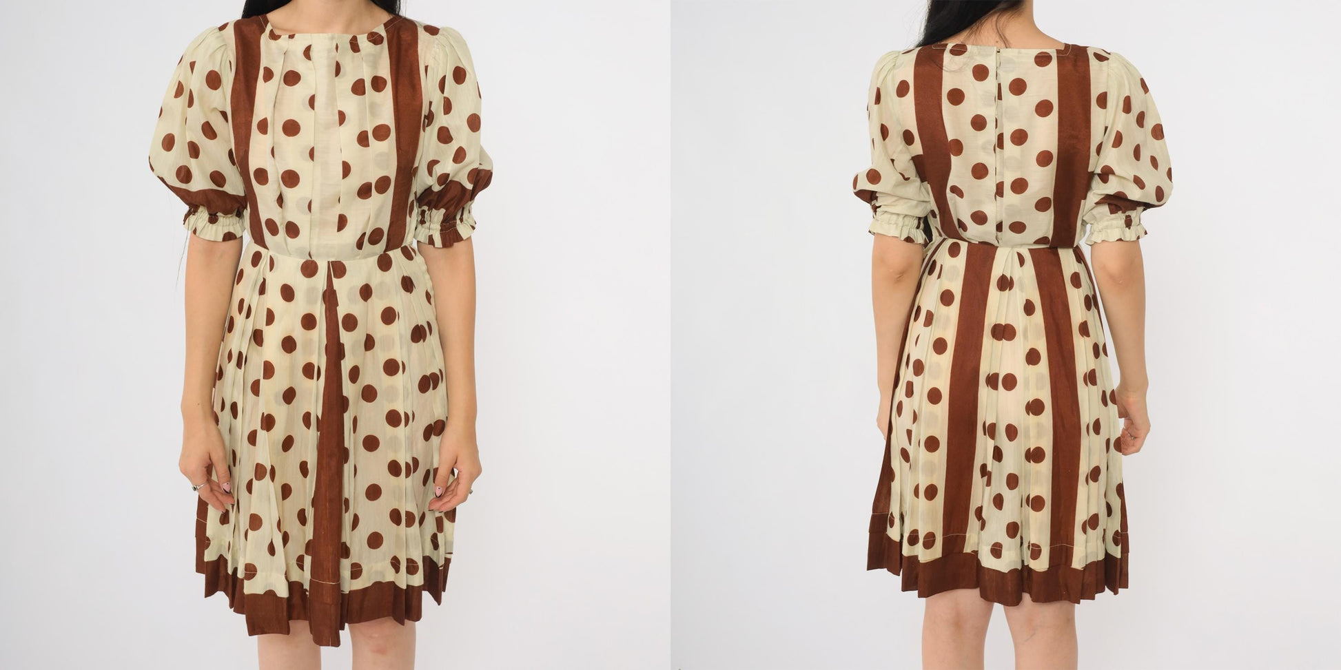60s Brown White Polka Dot Puff Sleeve Dress Knee Length Extra Small XS
