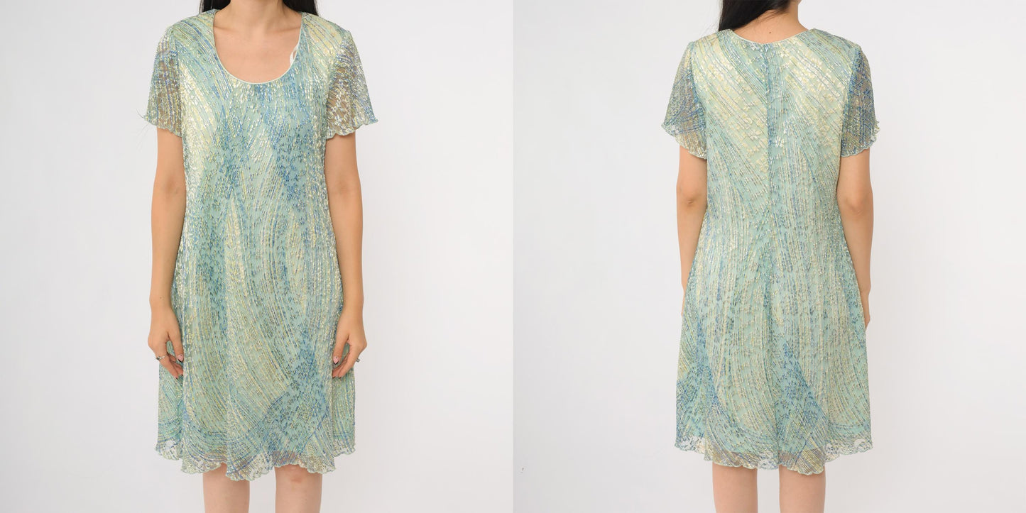 90s Ronni Nicole Iridescent Shimmer Shift Dress Blue Green Knee Length Large