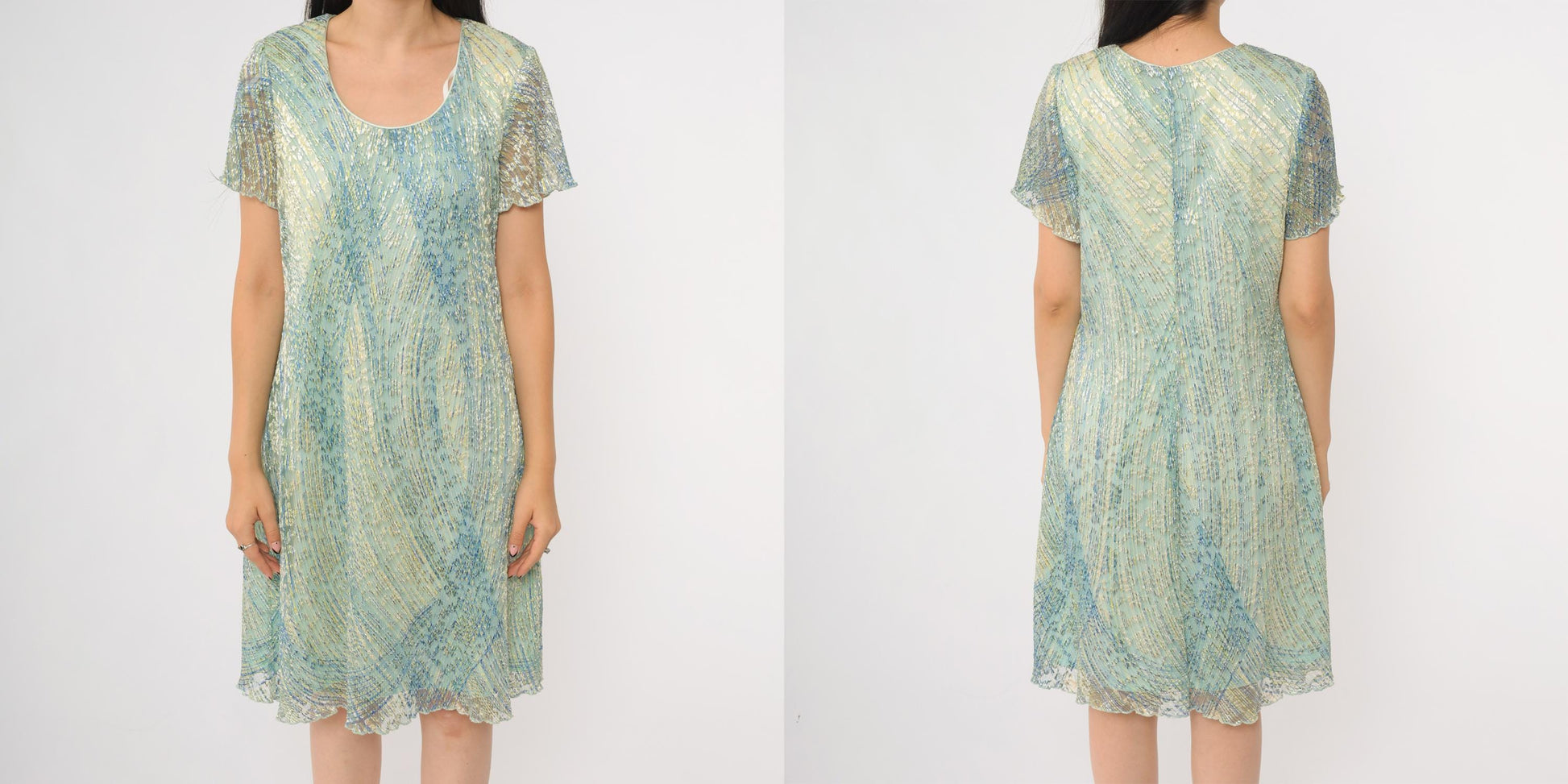 90s Ronni Nicole Iridescent Shimmer Shift Dress Blue Green Knee Length Large