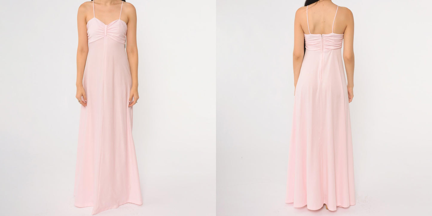 70s Pink Maxi Dress Spaghetti Strap Empire Waist Floor Length Back Zip Extra Small XS