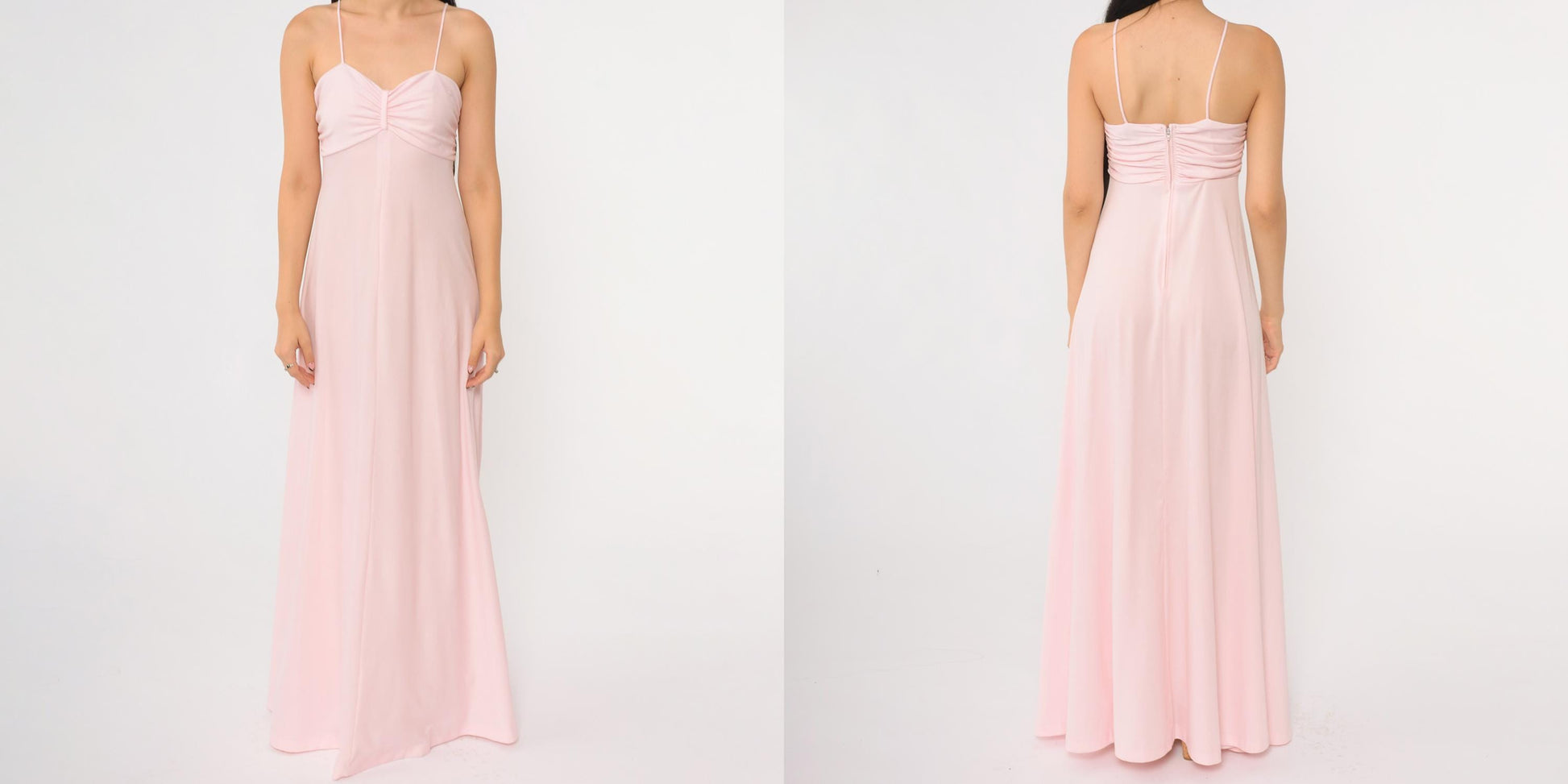 70s Pink Maxi Dress Spaghetti Strap Empire Waist Floor Length Back Zip Extra Small XS