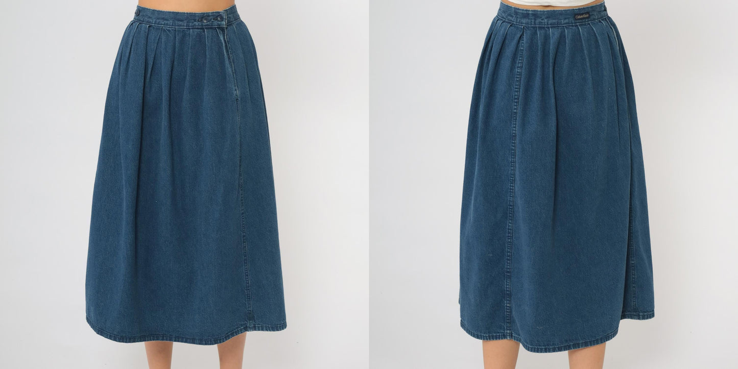 80s Calvin Klein Medium Blue Denim Midi Skirt High Waisted Pleated A-Line Small