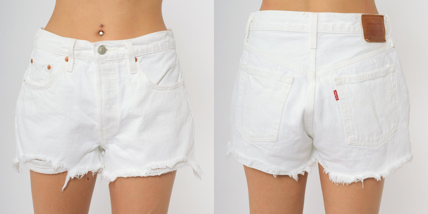90s Levi's Premium White Denim Shorts High Waisted Distressed W28