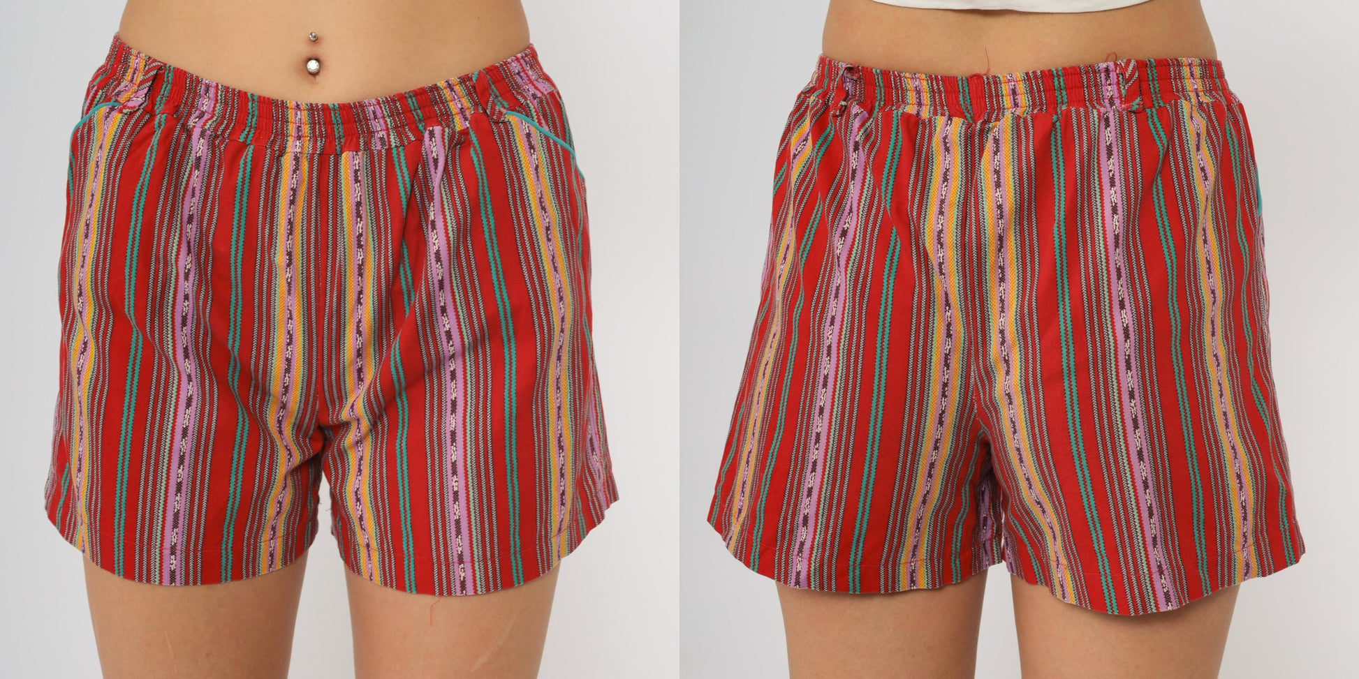 90s Jaspre Multicolor Striped Shorts Red Elastic Waist Cotton High Rise XS
