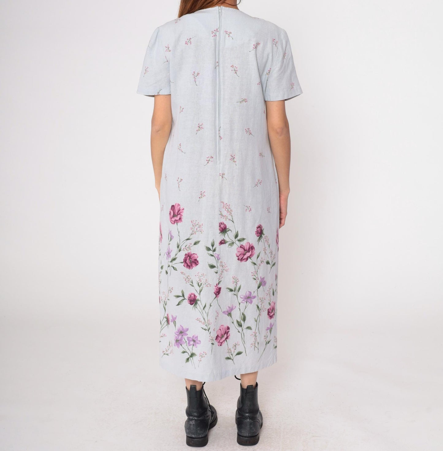 90s Miss Dorby Grey Floral Midi Dress Pink Purple Pleated Linen Large L